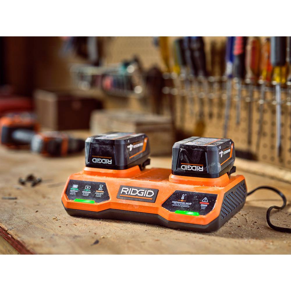 RIDGID 18V (2) 4.0 Ah Batteries and Charger Kit with 18V Dual Port Simultaneous Charger AC93044SBN-AC86095