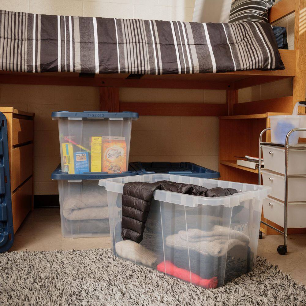 HDX 27 Gal. Tough Storage Tote in Clear with Moonlit Ocean Lid (4-Pack) 999-HDX-274122C