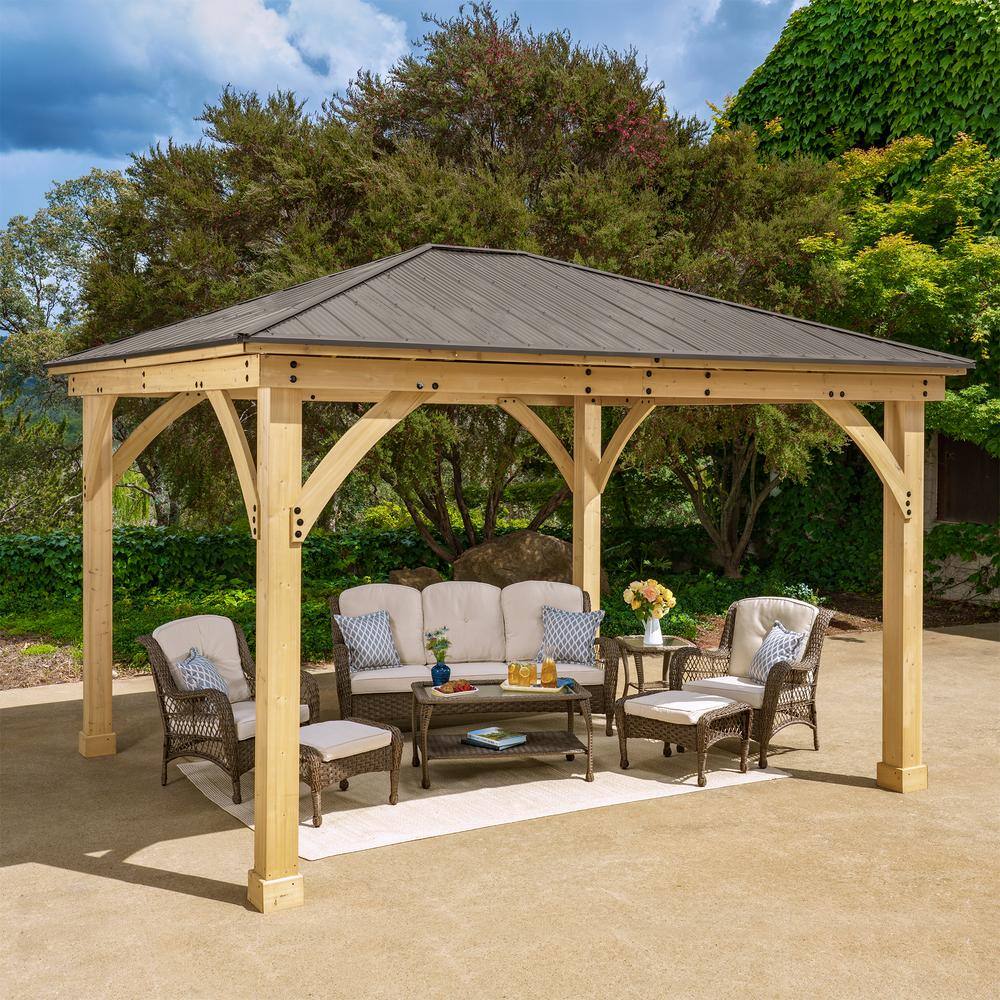 Yardistry Meridian 12 ft. x 14 ft. Premium Cedar Outdoor Patio Shade Gazebo with Architectural Posts and Brown Aluminum Roof YM11772