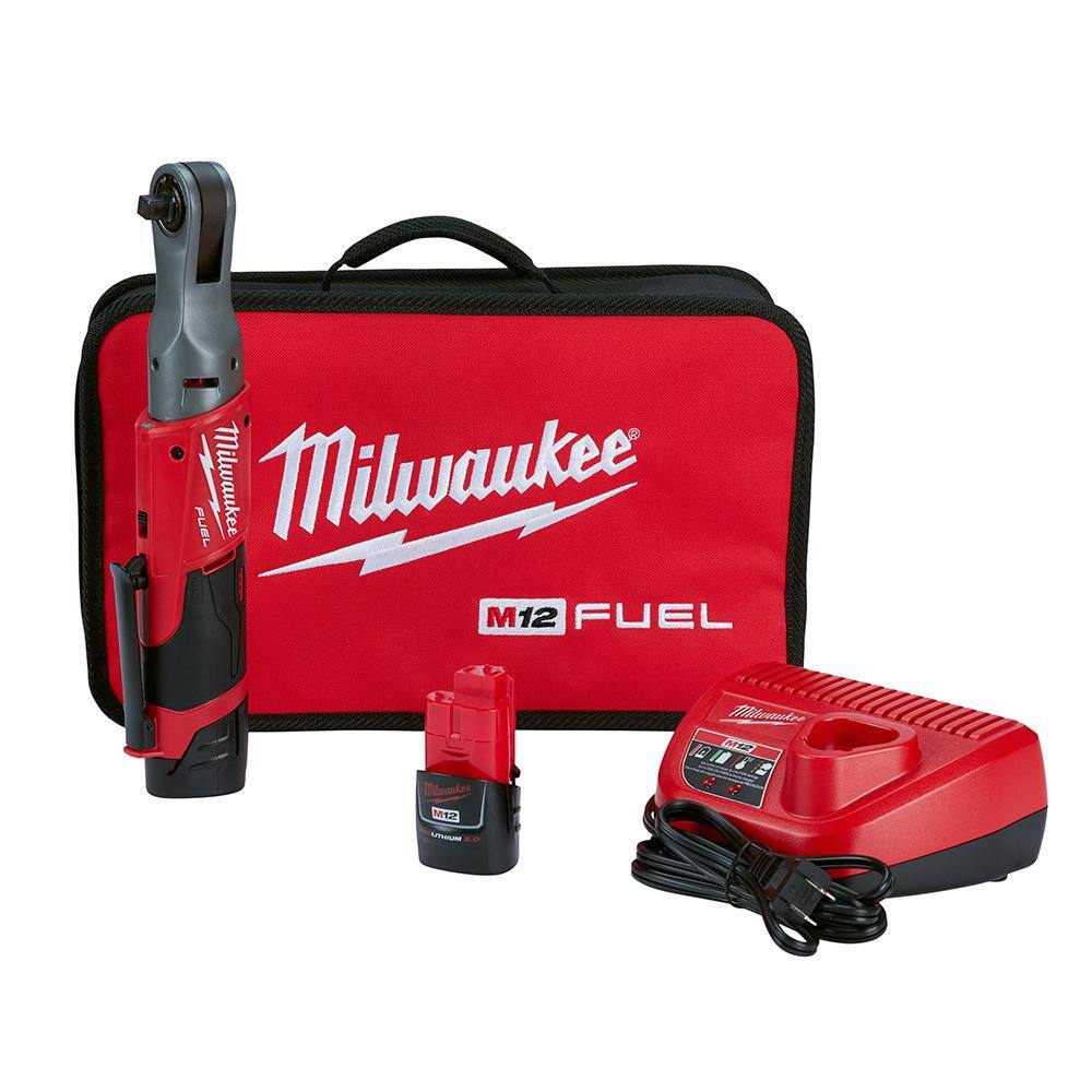 Milwaukee M12 FUEL 12V Li-Ion Brushless 3/8 in. Cordless Ratchet Kit with (2) 2.0Ah Batteries, Charger & Tool Bag & 5.0 Ah Battery 2557-22-48-11-2450