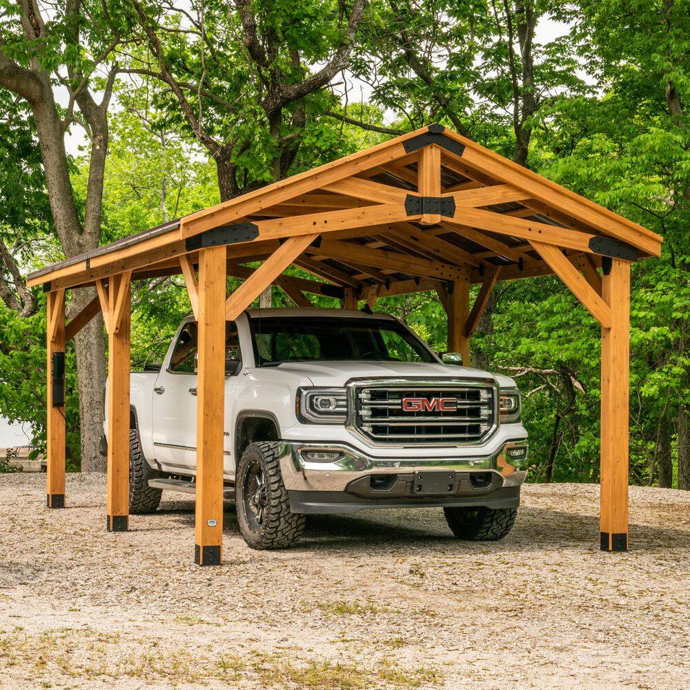 Backyard Discovery Norwood 20 ft. x 12 ft. All Cedar Wood Carport Pavilion Gazebo with Hard Top Steel Metal Peak Roof and Electric, Brown 2207011COM