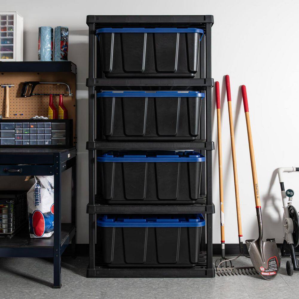 IRIS 27 Gal. Stackable Storage Totes with Lids, Black-Blue, 4Pk 500411