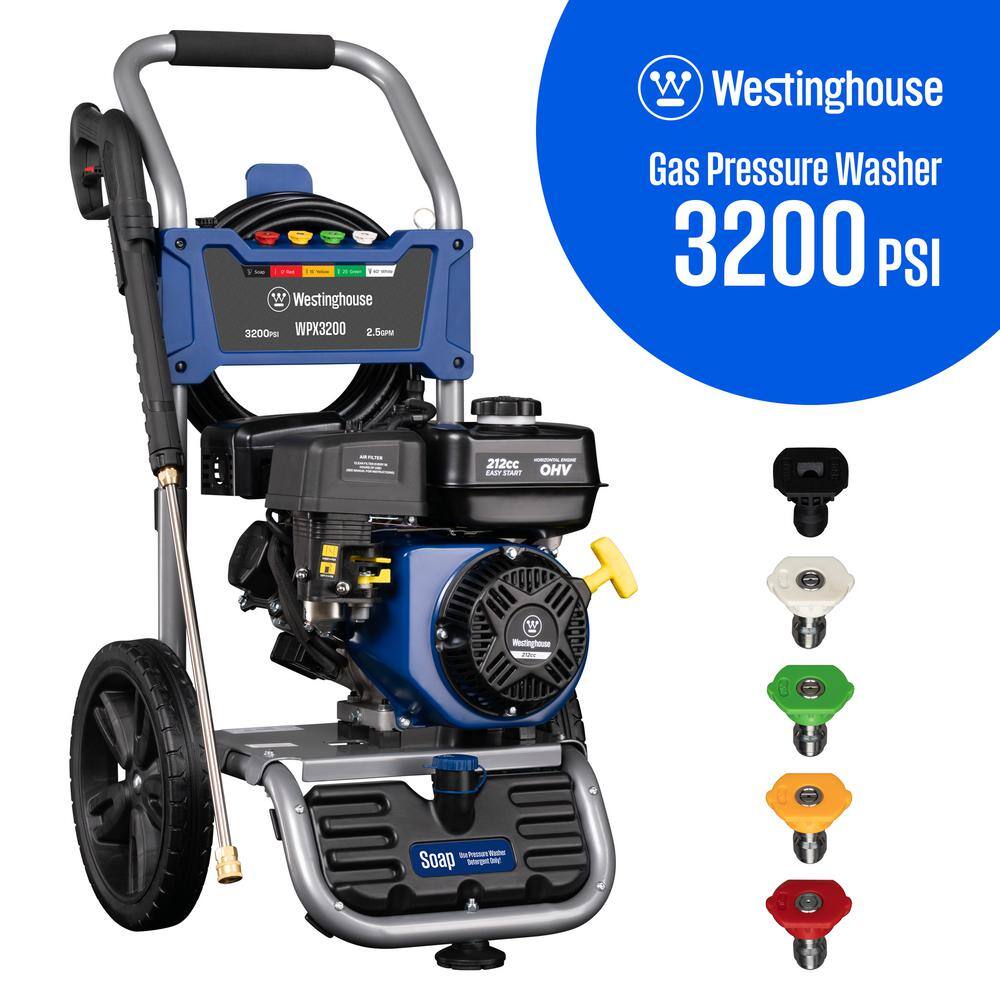 Westinghouse 3200 PSI 2.5 GPM Gas Powered Axial Cam Pump Cold Water Pressure Washer with Soap Tank and 5 Quick Connect Tips WPX3200