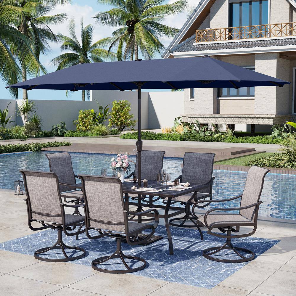 PHI VILLA Black 8-Piece Metal Rectangle Patio Outdoor Dining Set with Slat Table, Umbrella and Textilene Swivel Chairs THD8-0604-93BZ