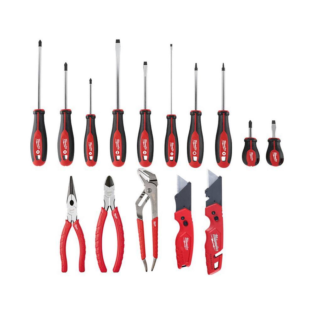 Milwaukee Combination Screwdriver Set with Pliers Kit and FASTBACK Folding Utility Knife Set (15-Piece) 48-22-2710-48-22-6331-48-22-1503
