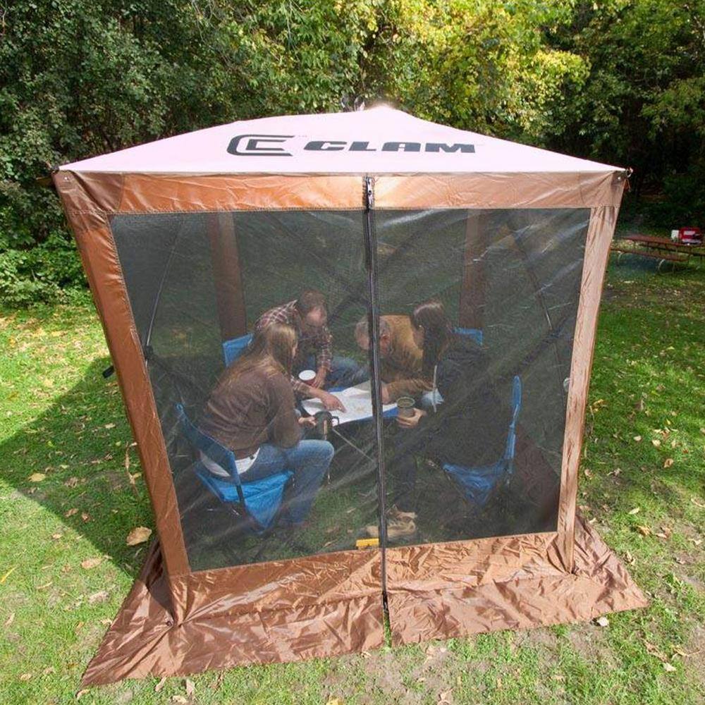 Clam Traveler Screen Shelter 4-Side in Brown/Tan Roof/Black Mesh with Wind Panel CLAM-TV-9881