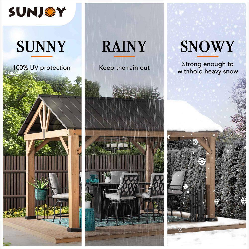 Sunjoy 11 ft. x 13 ft. Cedar Framed Gazebo with Matte-Black Steel Gable Hard Top Roof A102008001