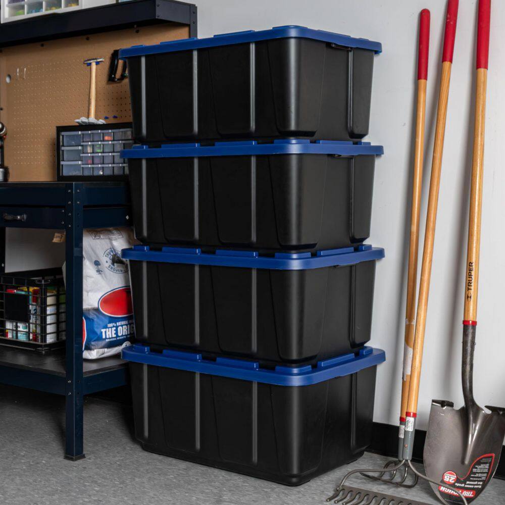 IRIS 27 Gal. Stackable Storage Totes with Lids, Black-Blue, 4Pk 500411