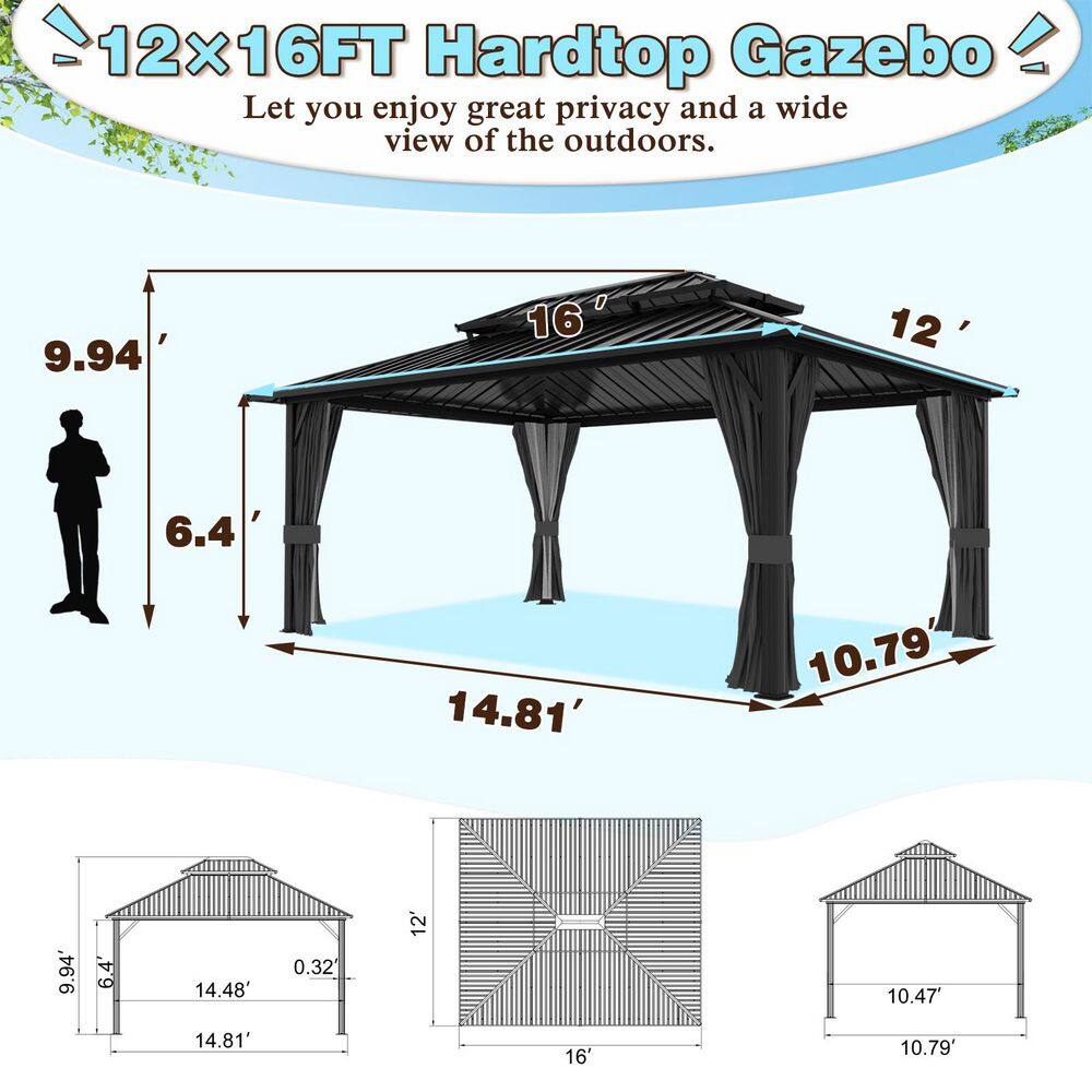 VEIKOUS 16 ft. x 12 ft. Aluminum Double Hardtop Gazebo with Grey Curtains and Netting PG0201-28-6