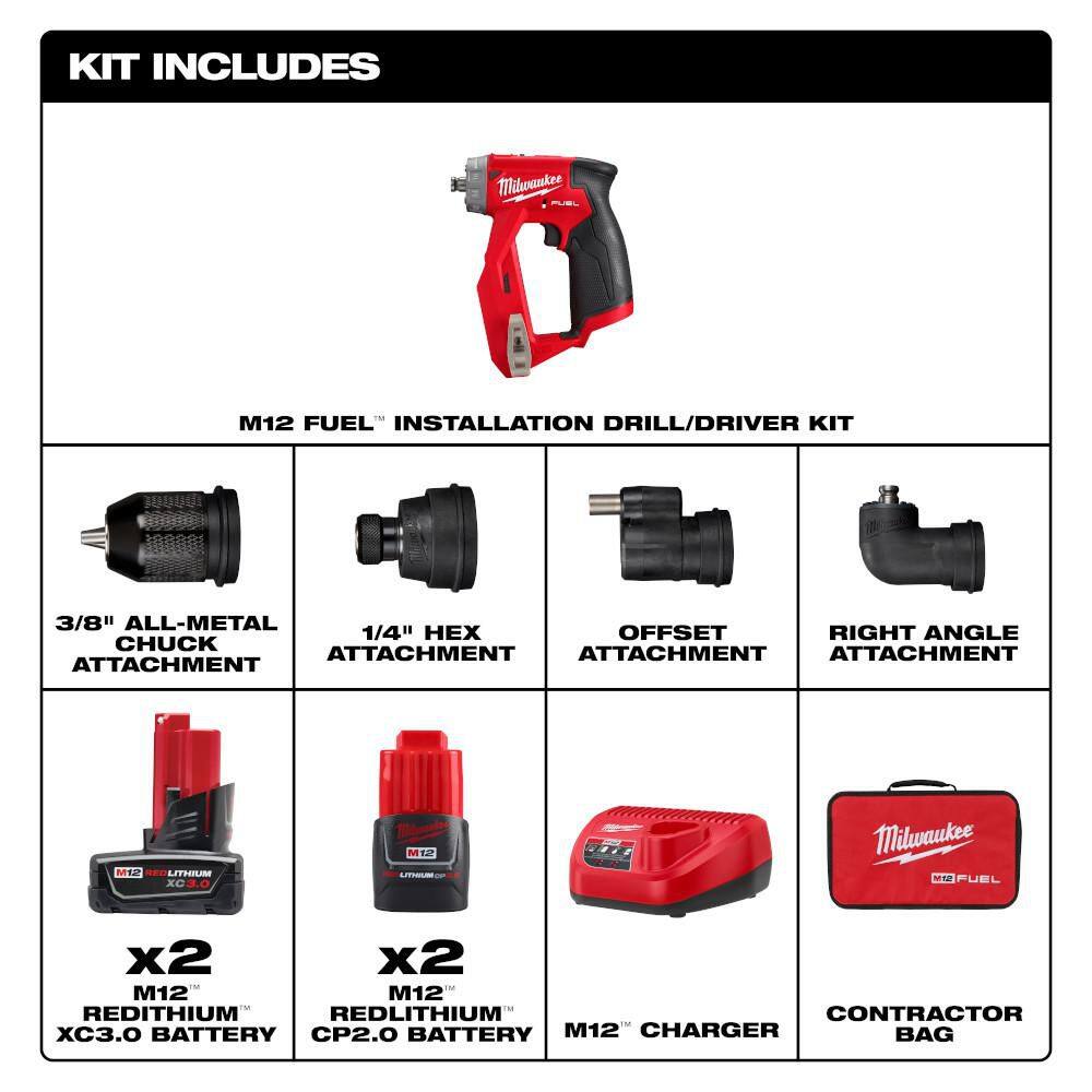 Milwaukee M12 FUEL 12V Lithium-Ion Brushless Cordless 4-in-1 Installation 3/8 in. Drill Driver Kit and 3.0 Ah Battery (2-Pack) 2505-22-48-11-2412