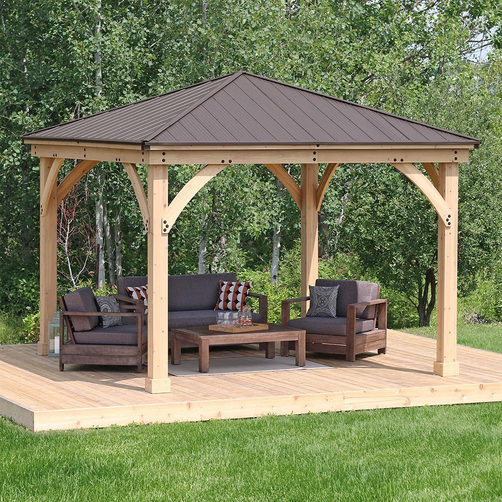 Yardistry Professionally Assembled Meridian 12 ft. x 12 ft. Premium Cedar Outdoor Patio Shade Gazebo with Brown Aluminum Roof 64003-2