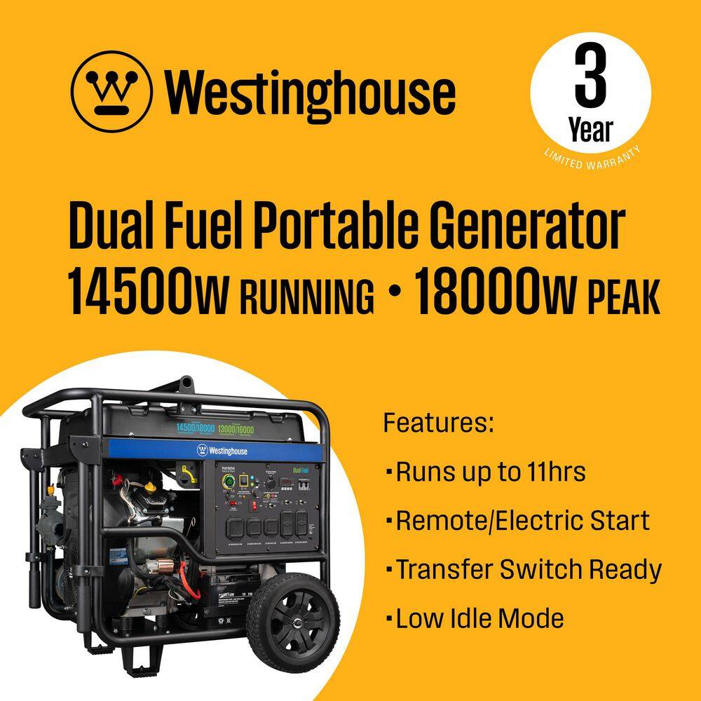 Westinghouse 18,000/14,500-Watt Dual Fuel Gas and Propane Portable Generator with Remote Electric Start, Low THD, and 50 Amp Outlet WGen14500DFc
