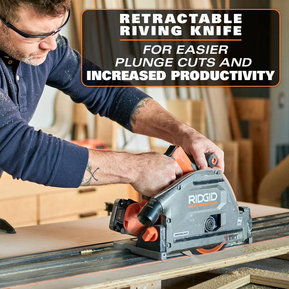 RIDGID 18V (2) 4.0 Ah Batteries and Charger Kit with 18V Brushless Cordless 6-1/2 in. Track Saw AC93044SBN-R48630B