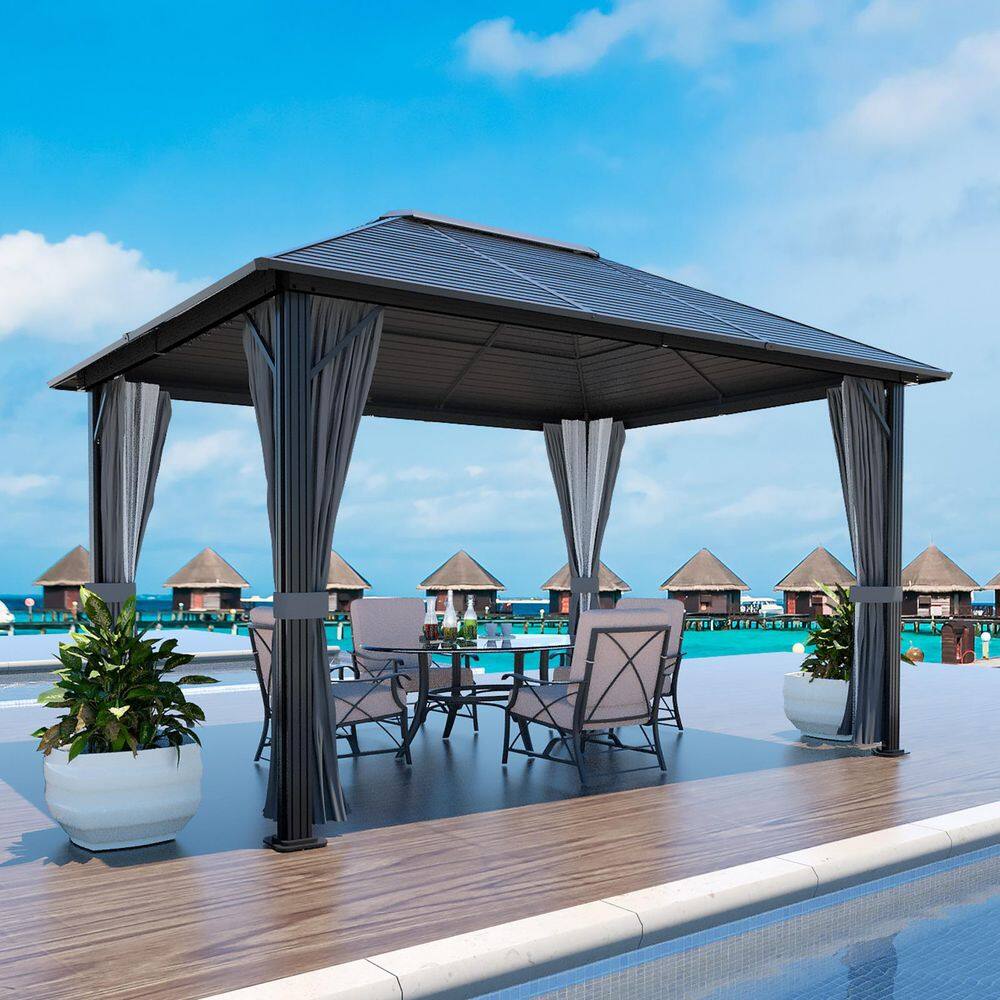 VEIKOUS 12 ft. W x 10 ft. L x 8.7 ft. H Aluminum Hardtop Gazebo with Grey Curtains and Netting PG0201-20-1