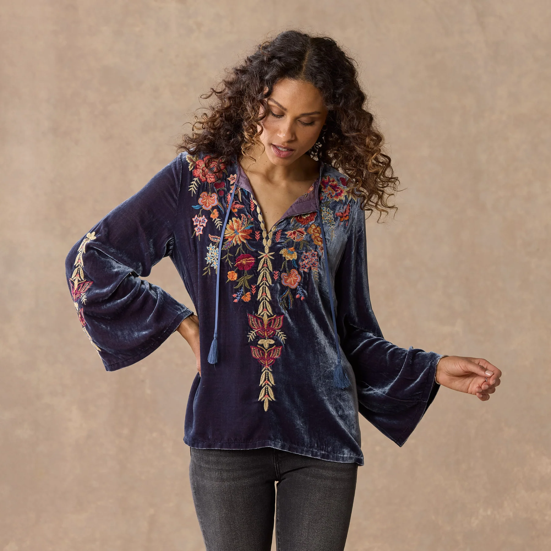 Taline Embroidered Velvet Top