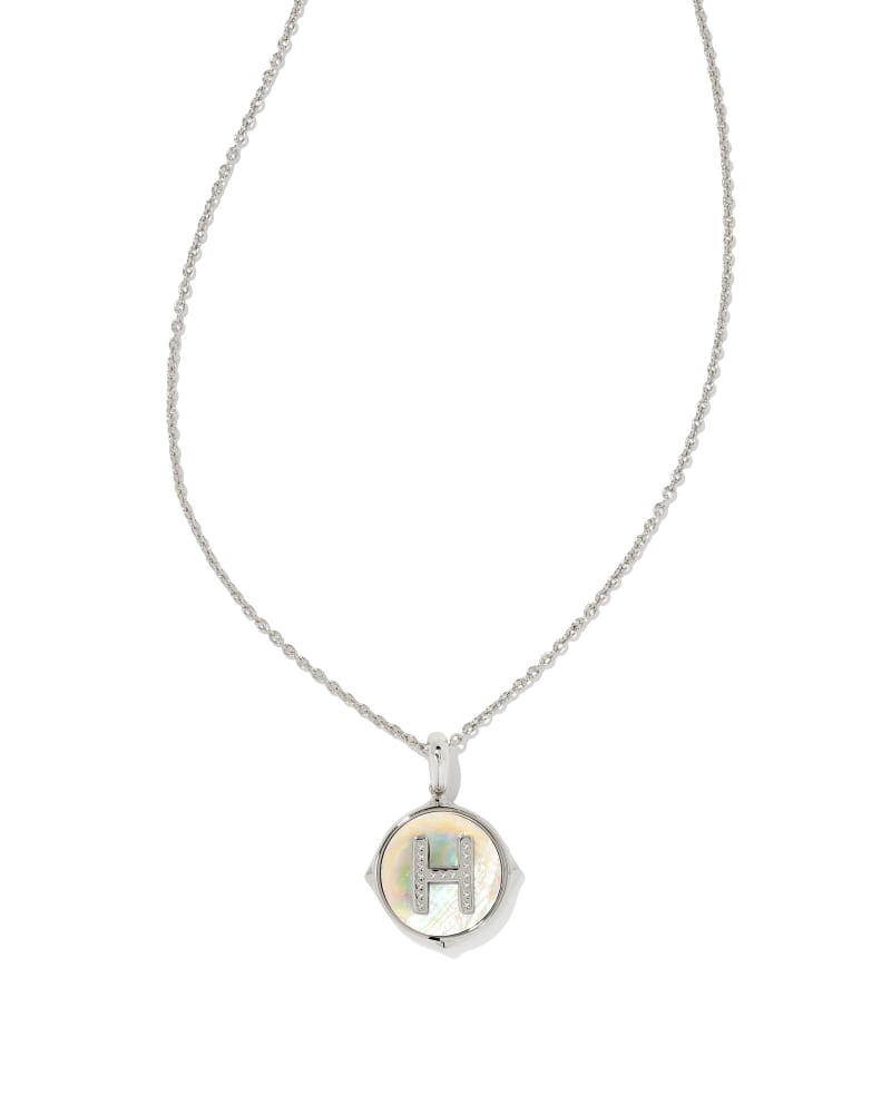 Letter A Silver Disc Reversible Pendant Necklace in Iridescent Abalone