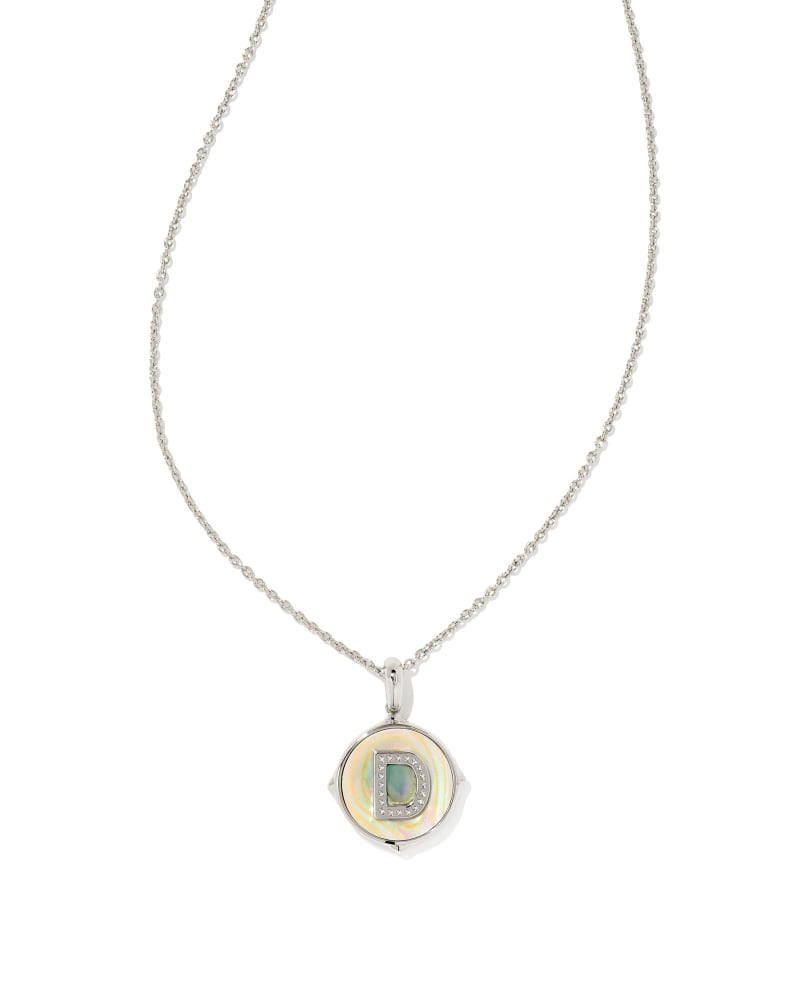 Letter A Silver Disc Reversible Pendant Necklace in Iridescent Abalone