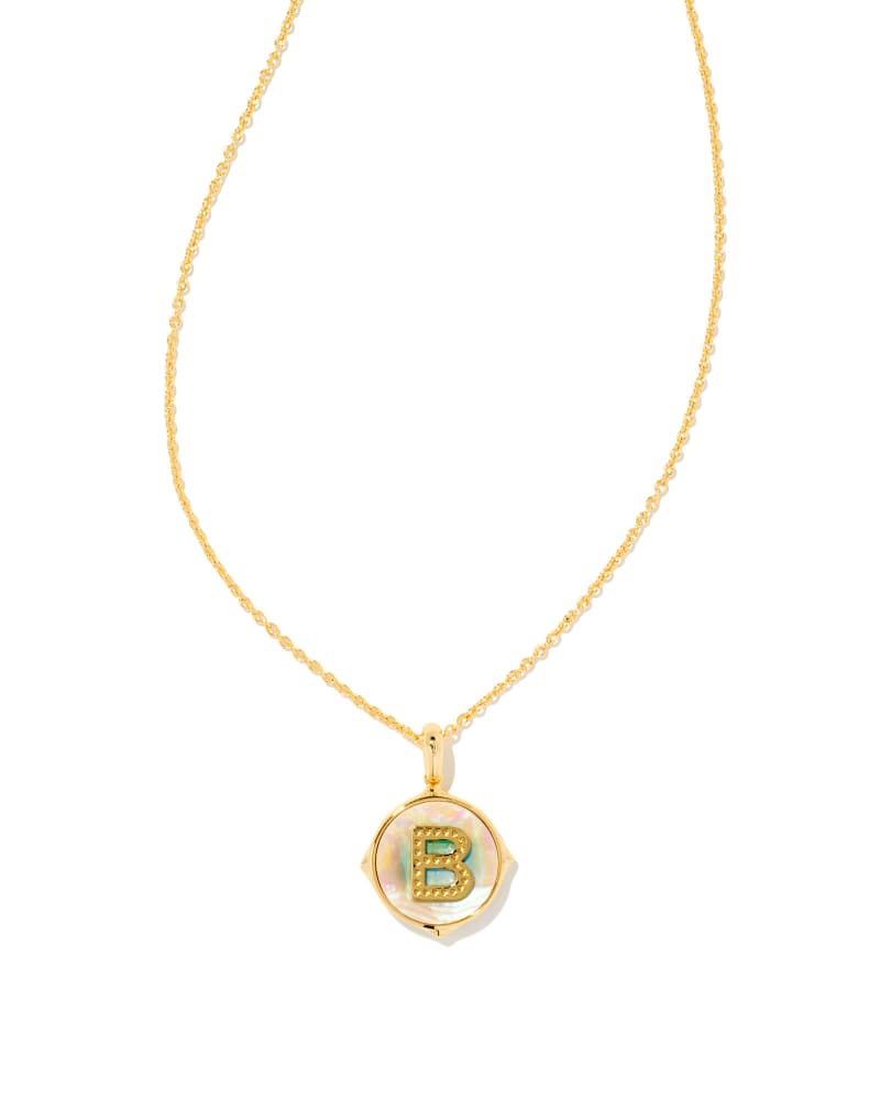 Letter A-Z Gold Disc Reversible Pendant Necklace in Iridescent Abalone