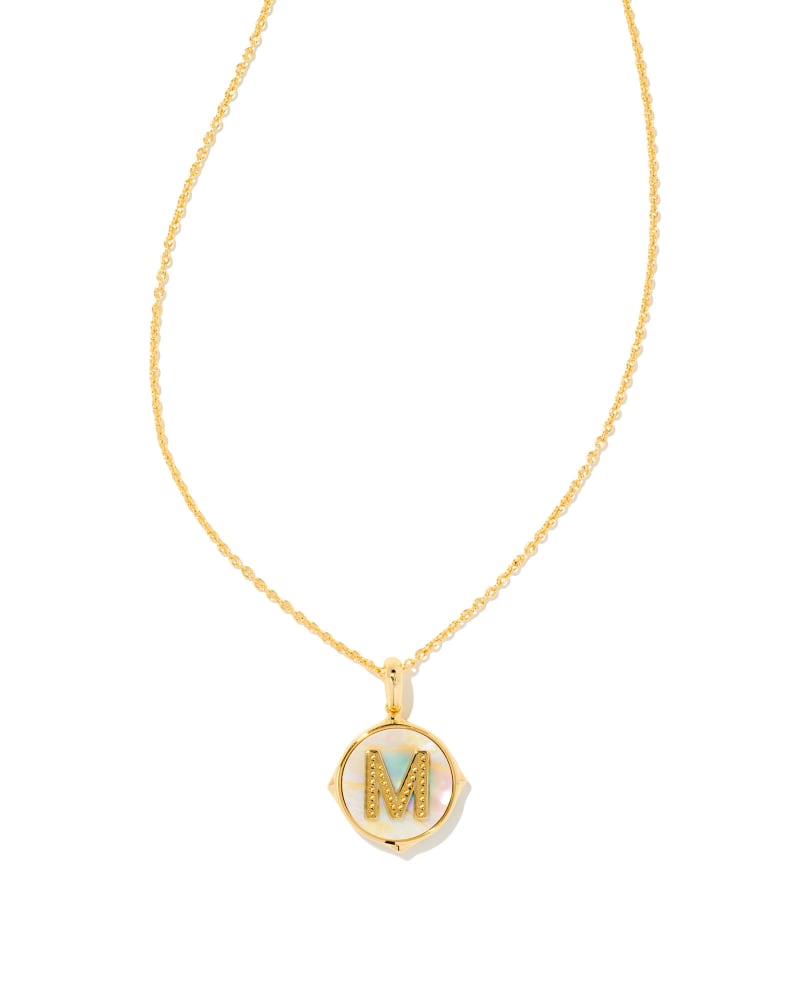 Letter A-Z Gold Disc Reversible Pendant Necklace in Iridescent Abalone