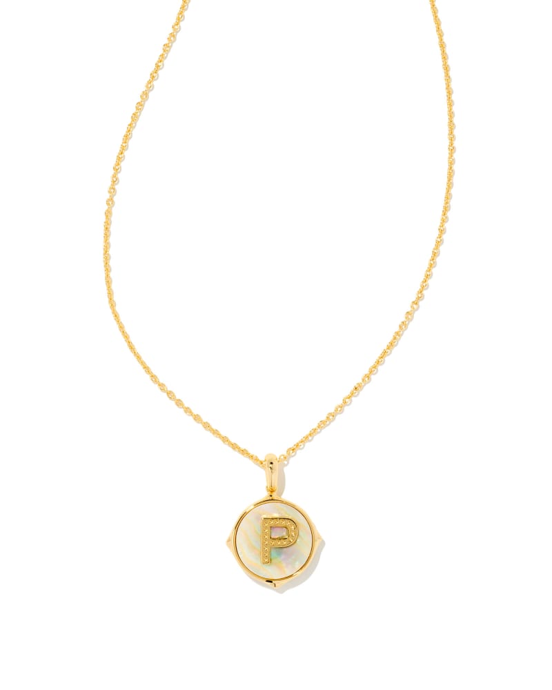Letter A-Z Gold Disc Reversible Pendant Necklace in Iridescent Abalone