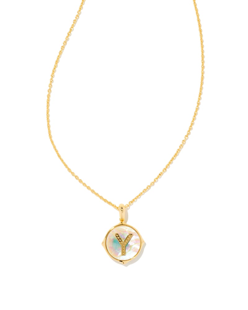 Letter A-Z Gold Disc Reversible Pendant Necklace in Iridescent Abalone