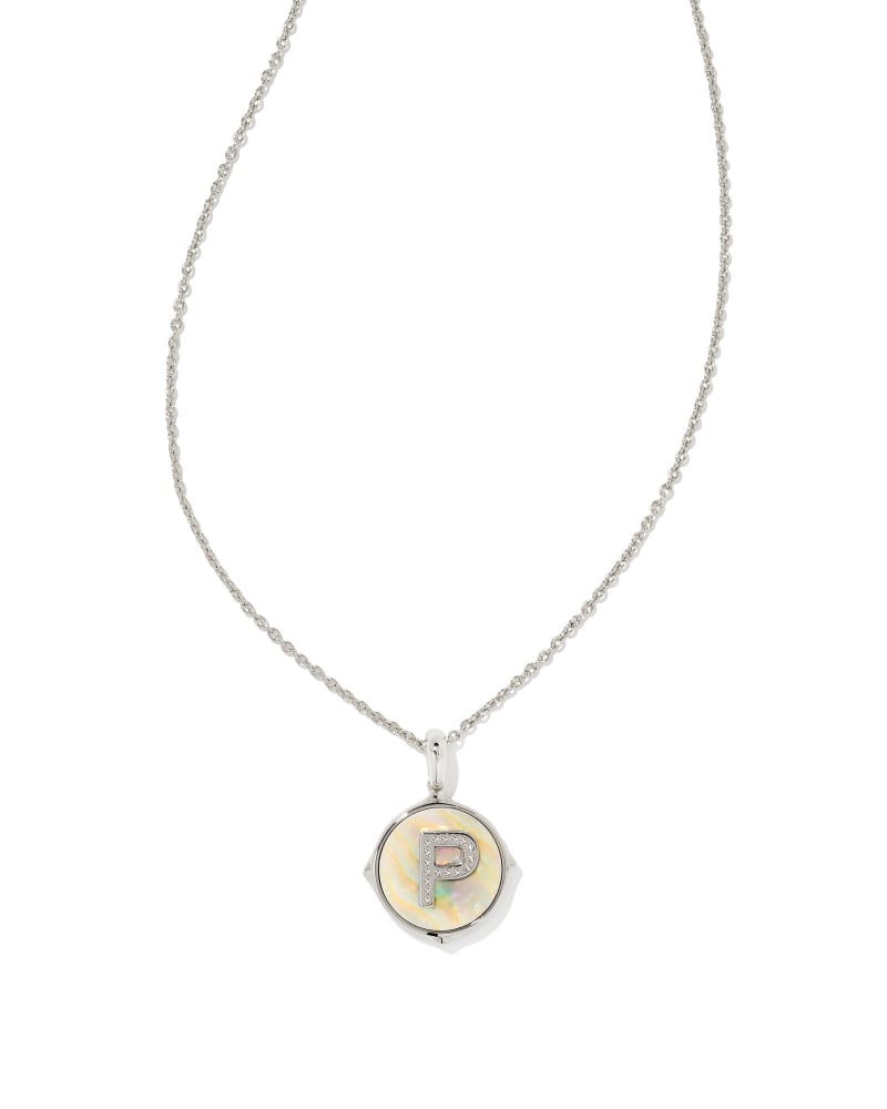 Letter A Silver Disc Reversible Pendant Necklace in Iridescent Abalone