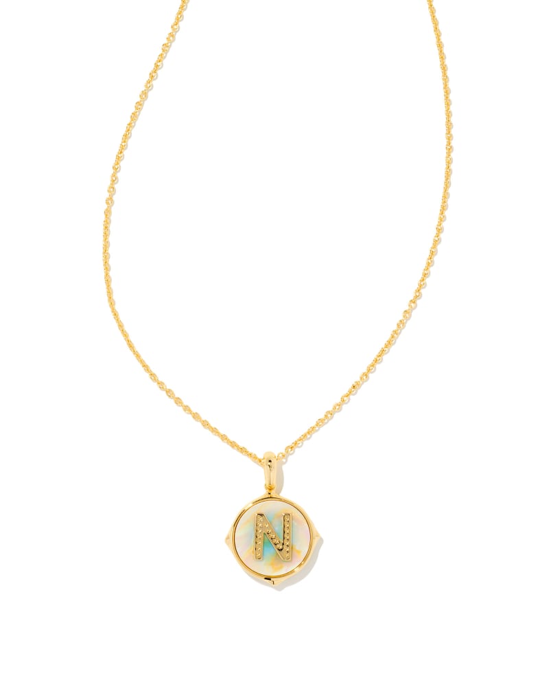 Letter A-Z Gold Disc Reversible Pendant Necklace in Iridescent Abalone