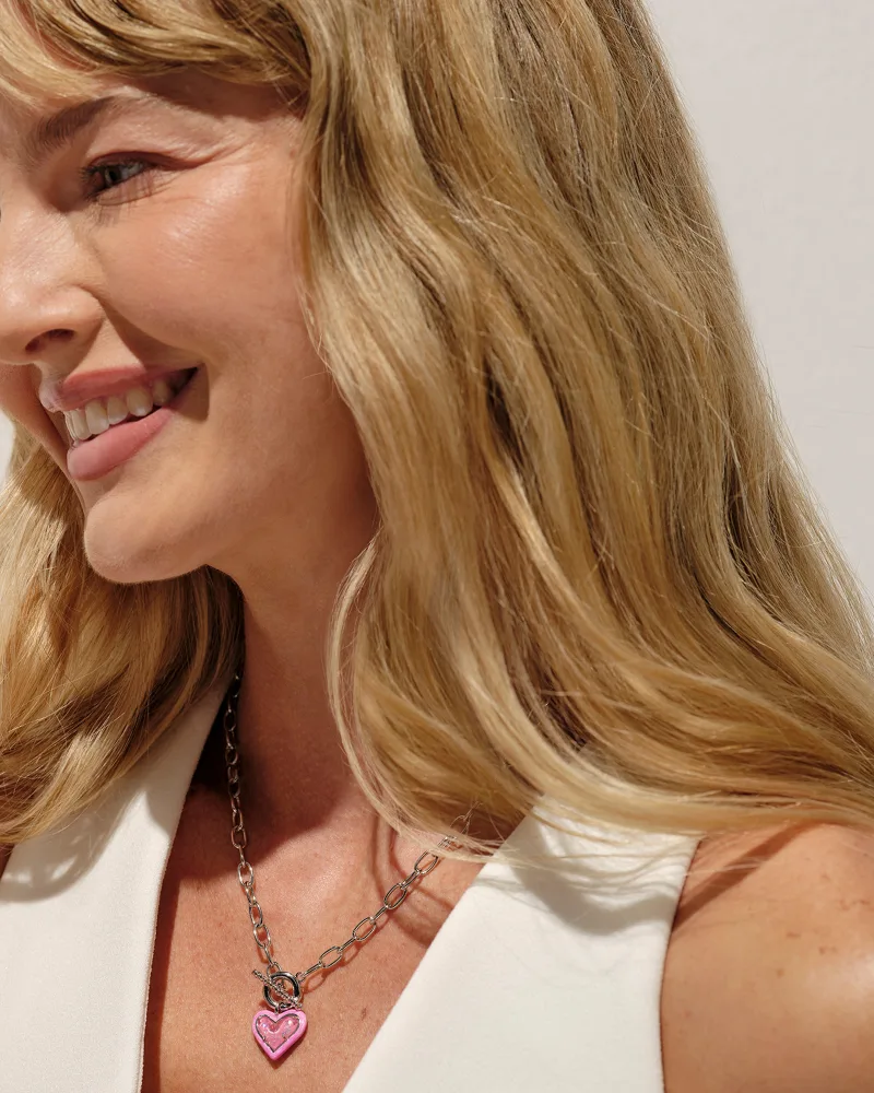 Ari Heart Gold Enamel Frame Link and Chain Necklace in Pink Iridescent Glitter Glass