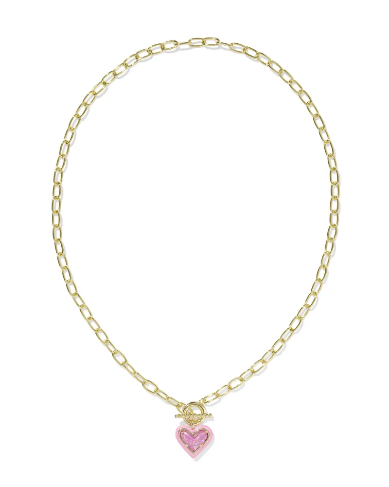Ari Heart Gold Enamel Frame Link and Chain Necklace in Pink Iridescent Glitter Glass