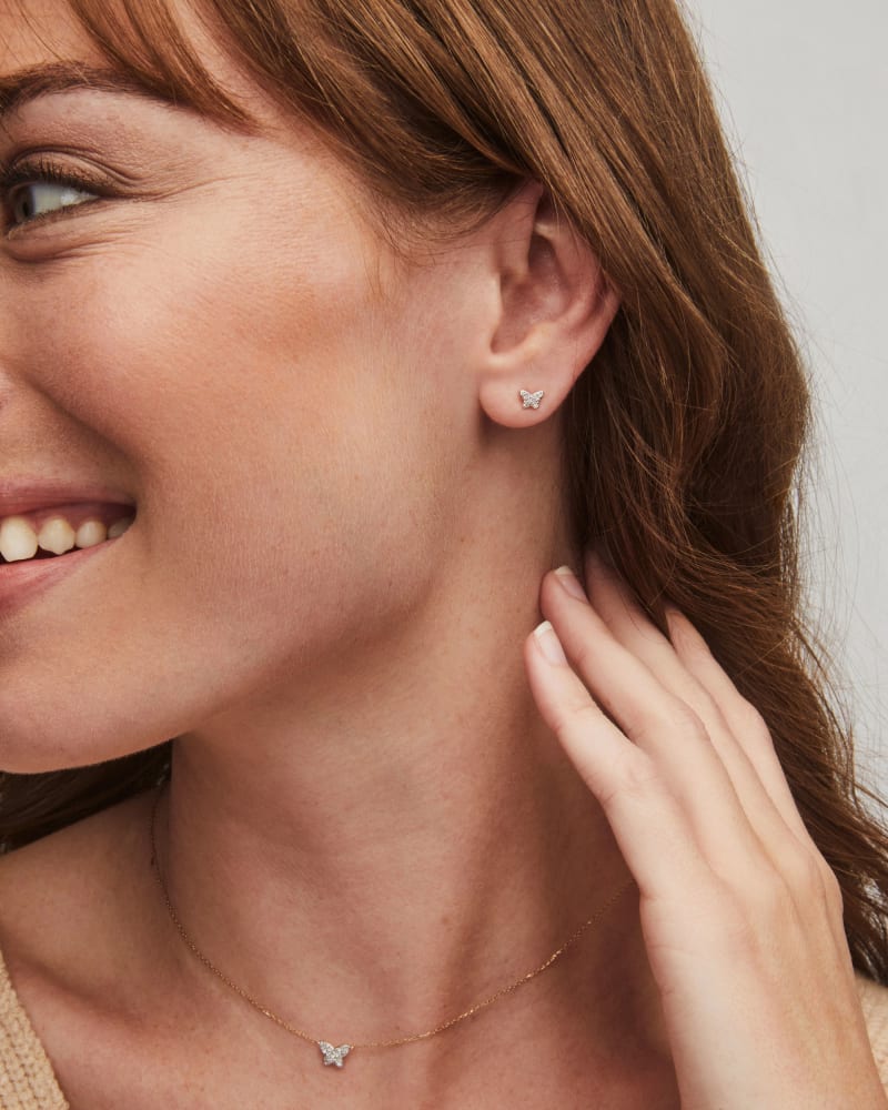 Butterfly 14k White Gold Stud Earrings in White Diamond