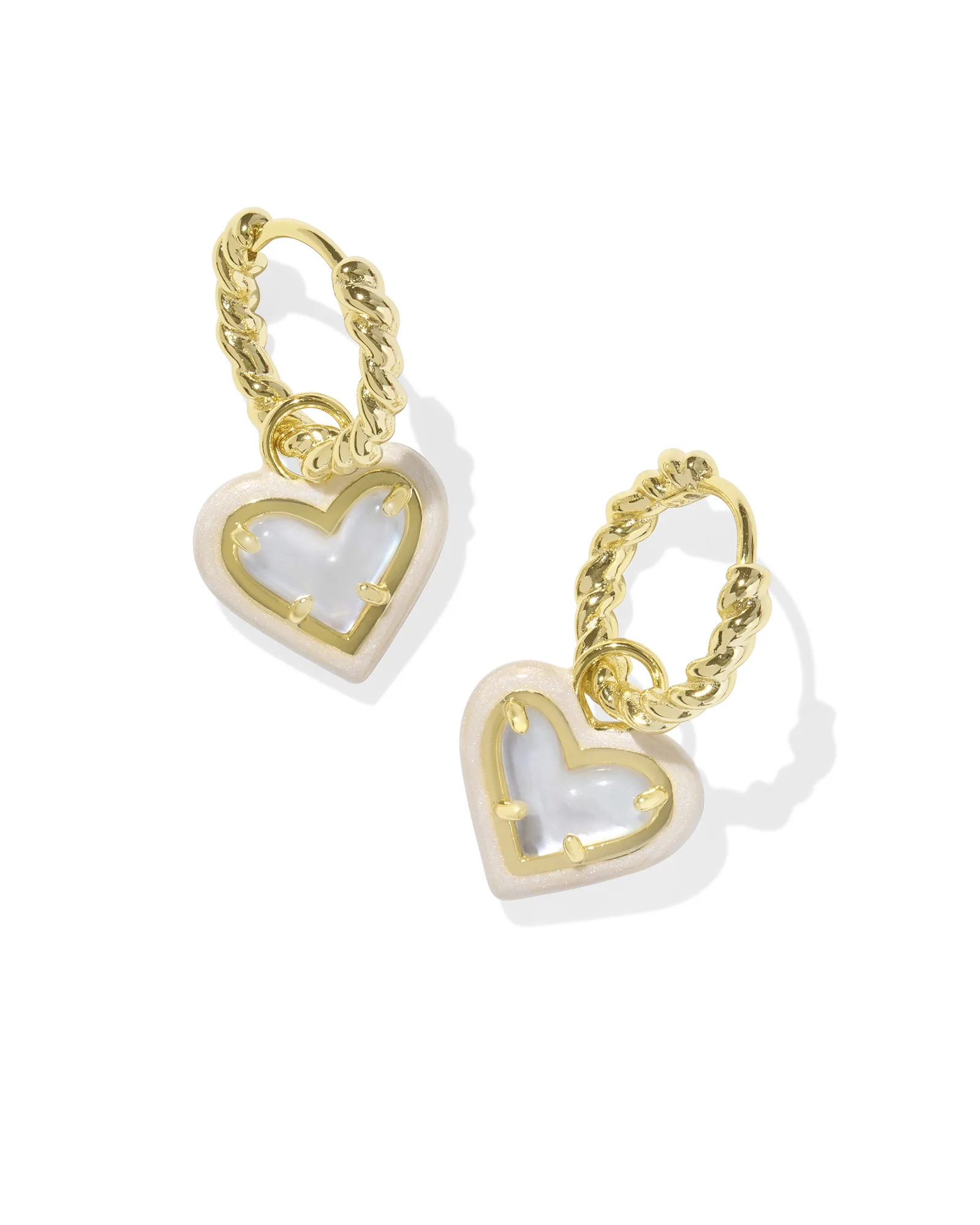 Ari Heart Gold Enamel Frame Huggie Earrings in Pink Iridescent Glitter Glass