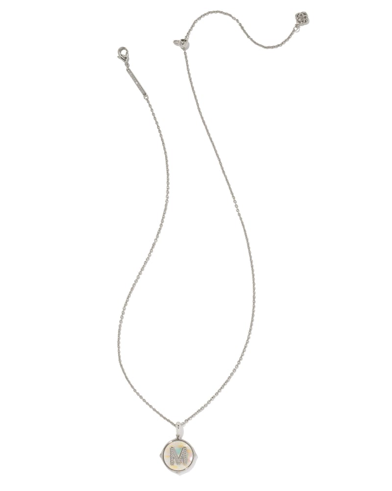 Letter M Silver Disc Reversible Pendant Necklace in Iridescent Abalone