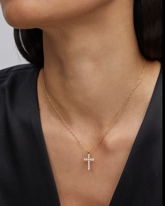 Cross Gold Pendant Necklace in White CZ
