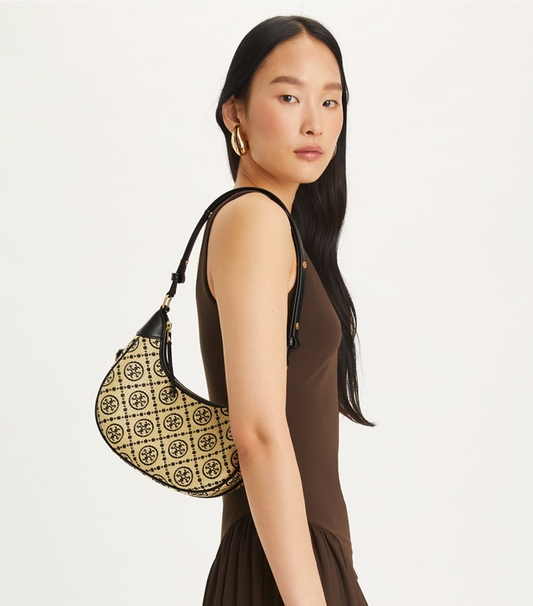 T MONOGRAM RAFFIA CRESCENT BAG