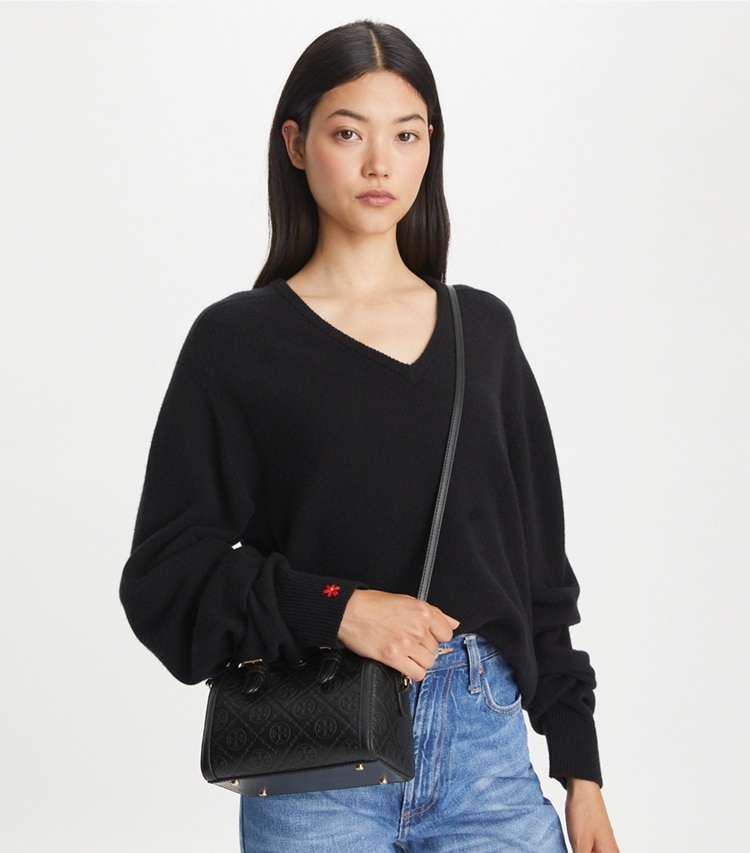 PETITE T MONOGRAM LEATHER BARREL BAG