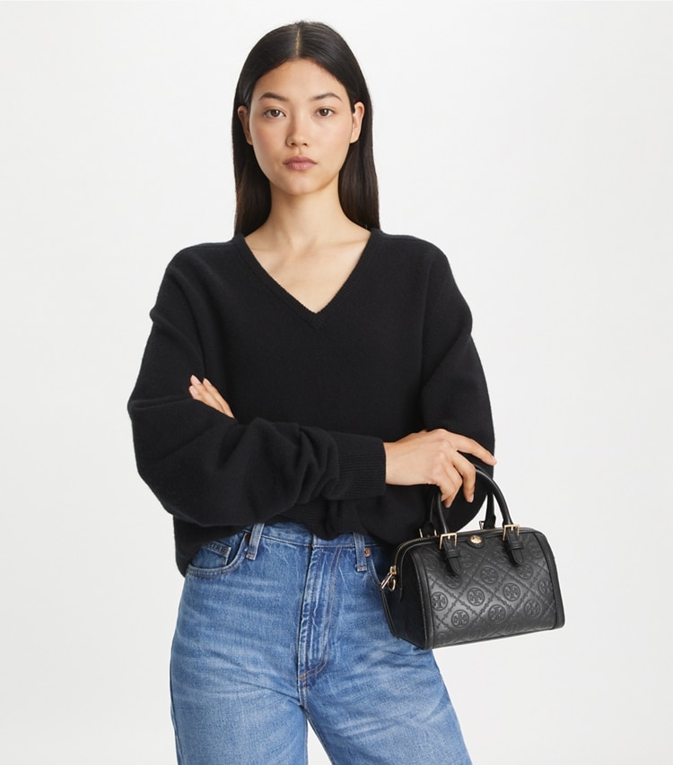 PETITE T MONOGRAM LEATHER BARREL BAG