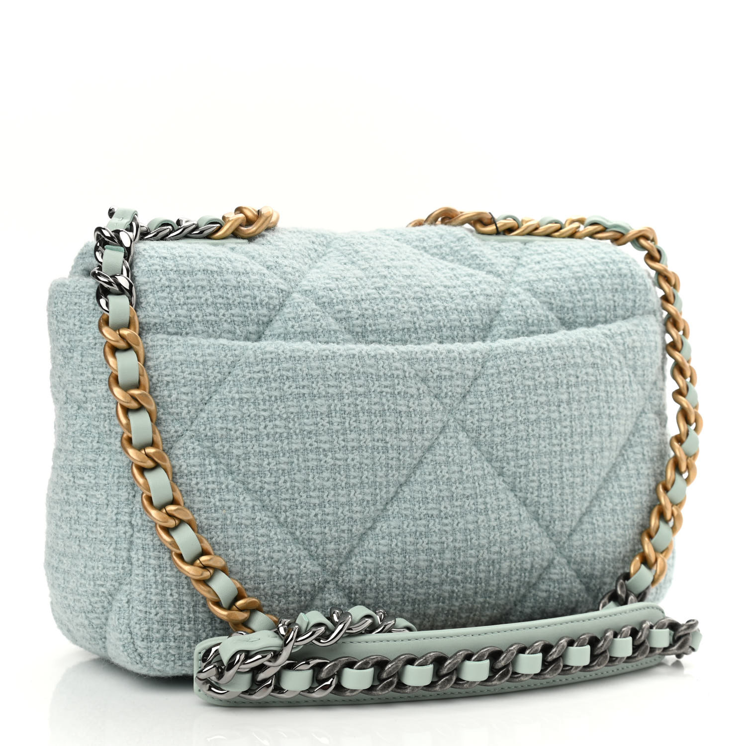 Tweed Mixed Fibers Quilted Medium Chanel 19 Flap Light Green
