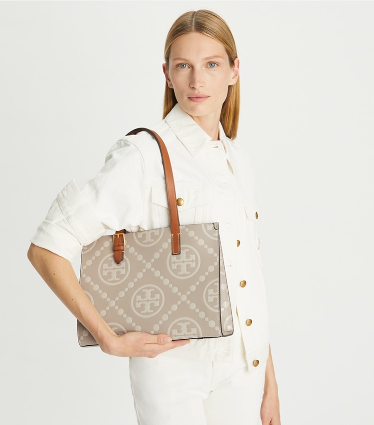 SMALL T MONOGRAM CONTRAST EMBOSSED TOTE