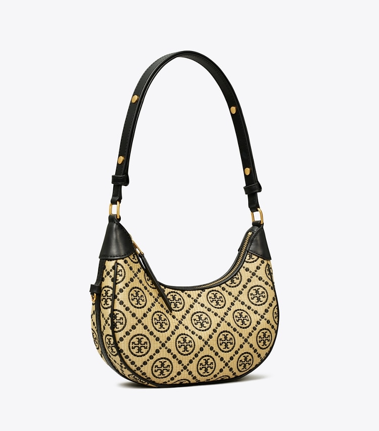 T MONOGRAM RAFFIA CRESCENT BAG