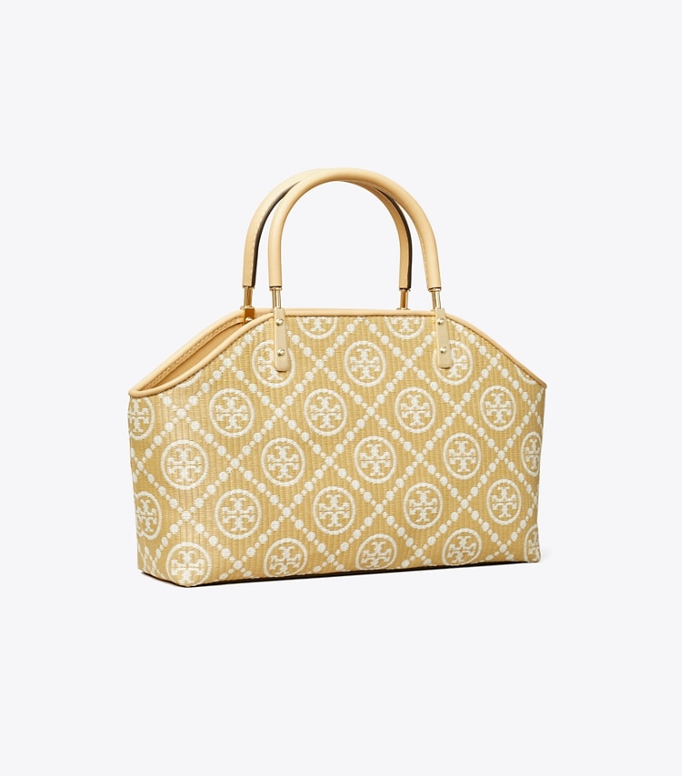 T MONOGRAM RAFFIA SMALL BASKET TOTE