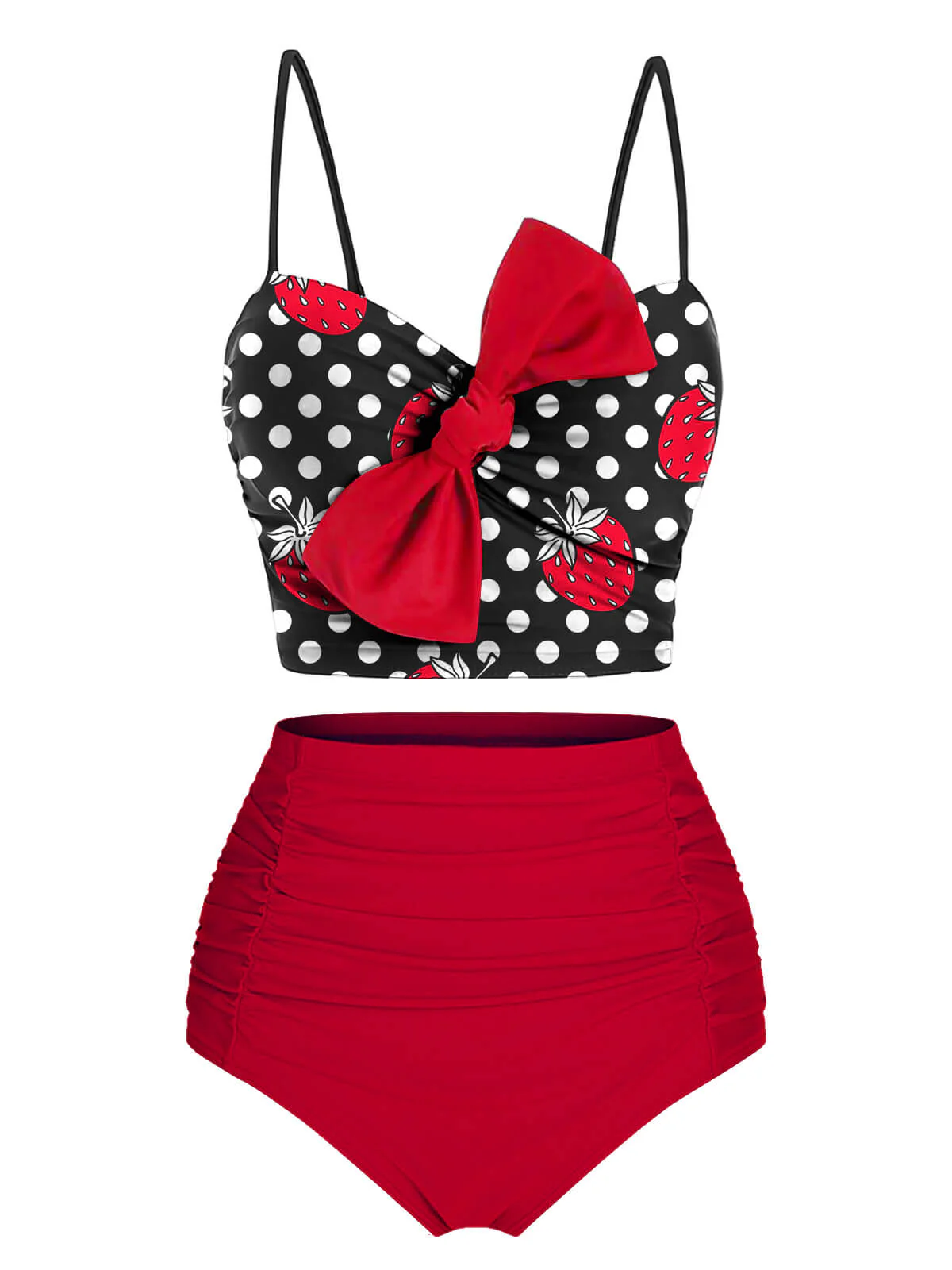Red & Black Strawberry Dots Bowknot Swimsuit