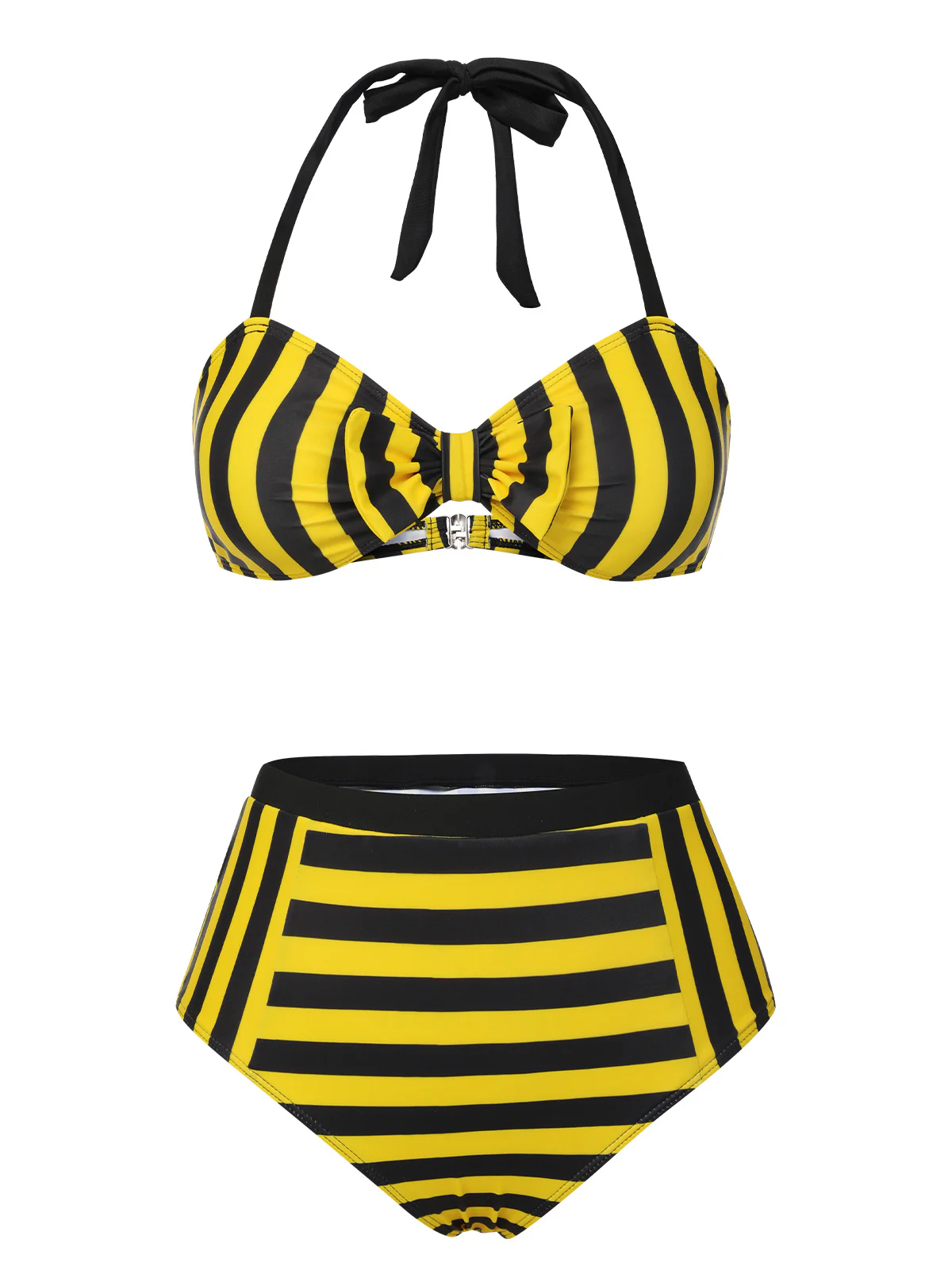 Yellow & Black Striped Bow Halter Swimsuit