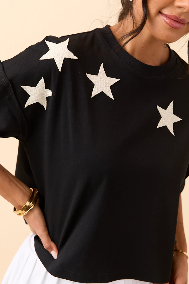 Black Stars Cropped Knit Short Sleeve Top