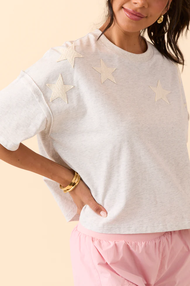 Grey Stars Cropped Knit Short Sleeve Top