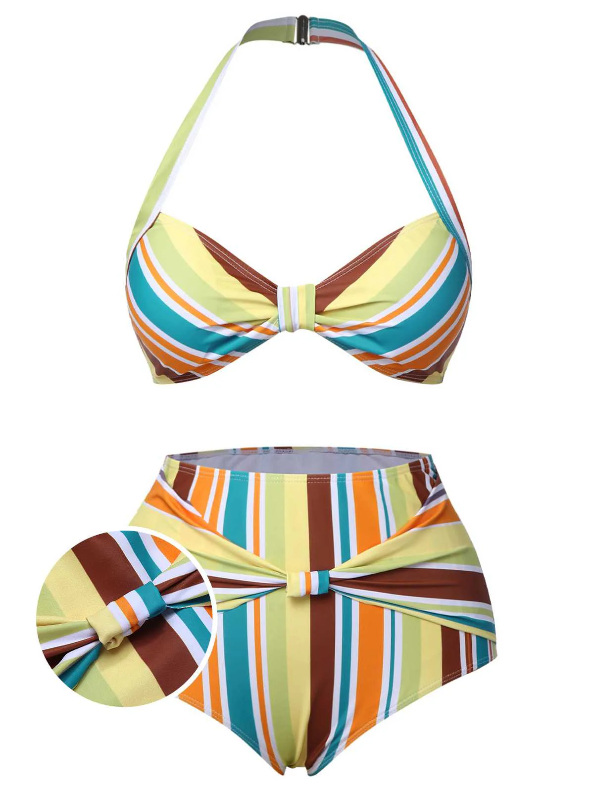 Halter Contrast Stripes Swimsuit