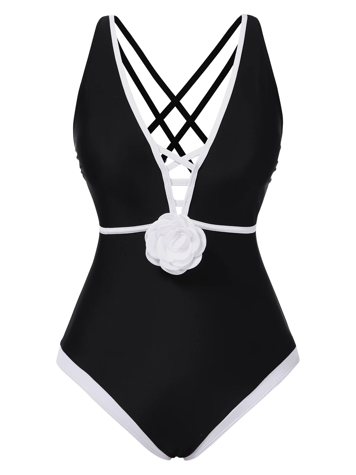 Black 3D Flower Patchwork One-Piece Swimsuit