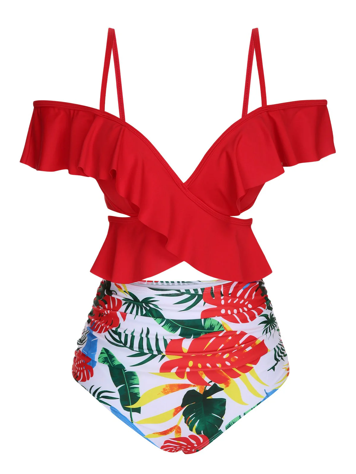 Red Ruffle Sleeves Tropical Plant Swimsuit