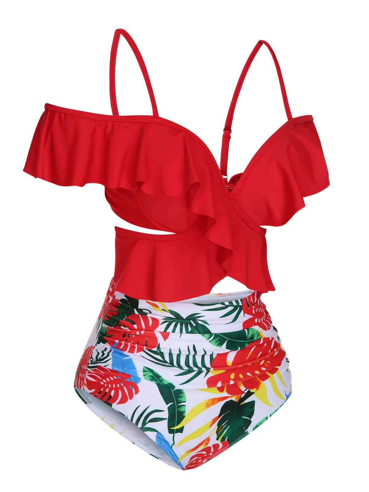 Red Ruffle Sleeves Tropical Plant Swimsuit