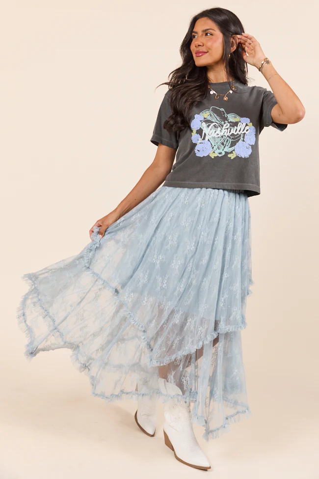 Dusty Blue All Over Lace Hanky Hem Skirt