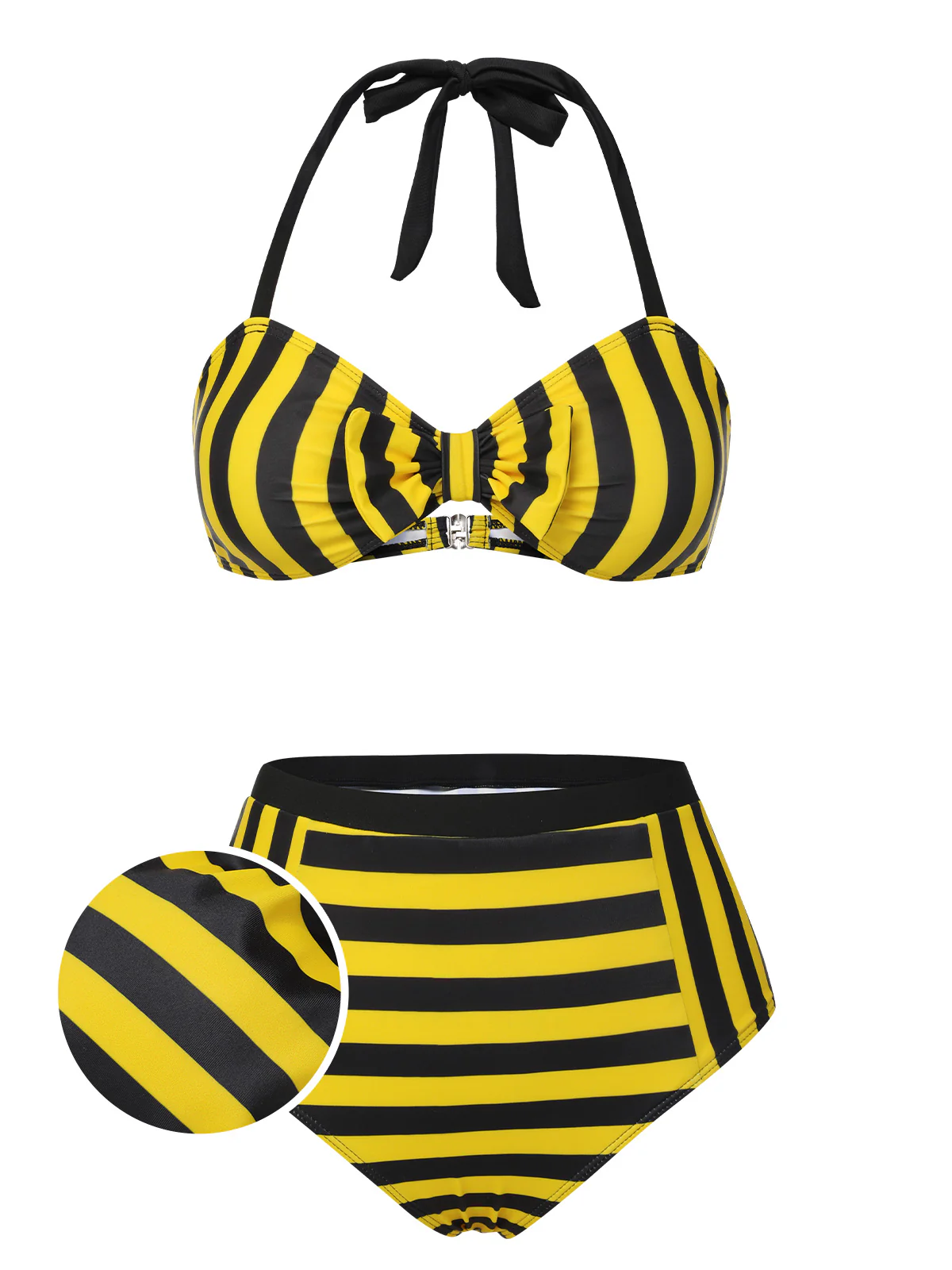 Yellow & Black Striped Bow Halter Swimsuit